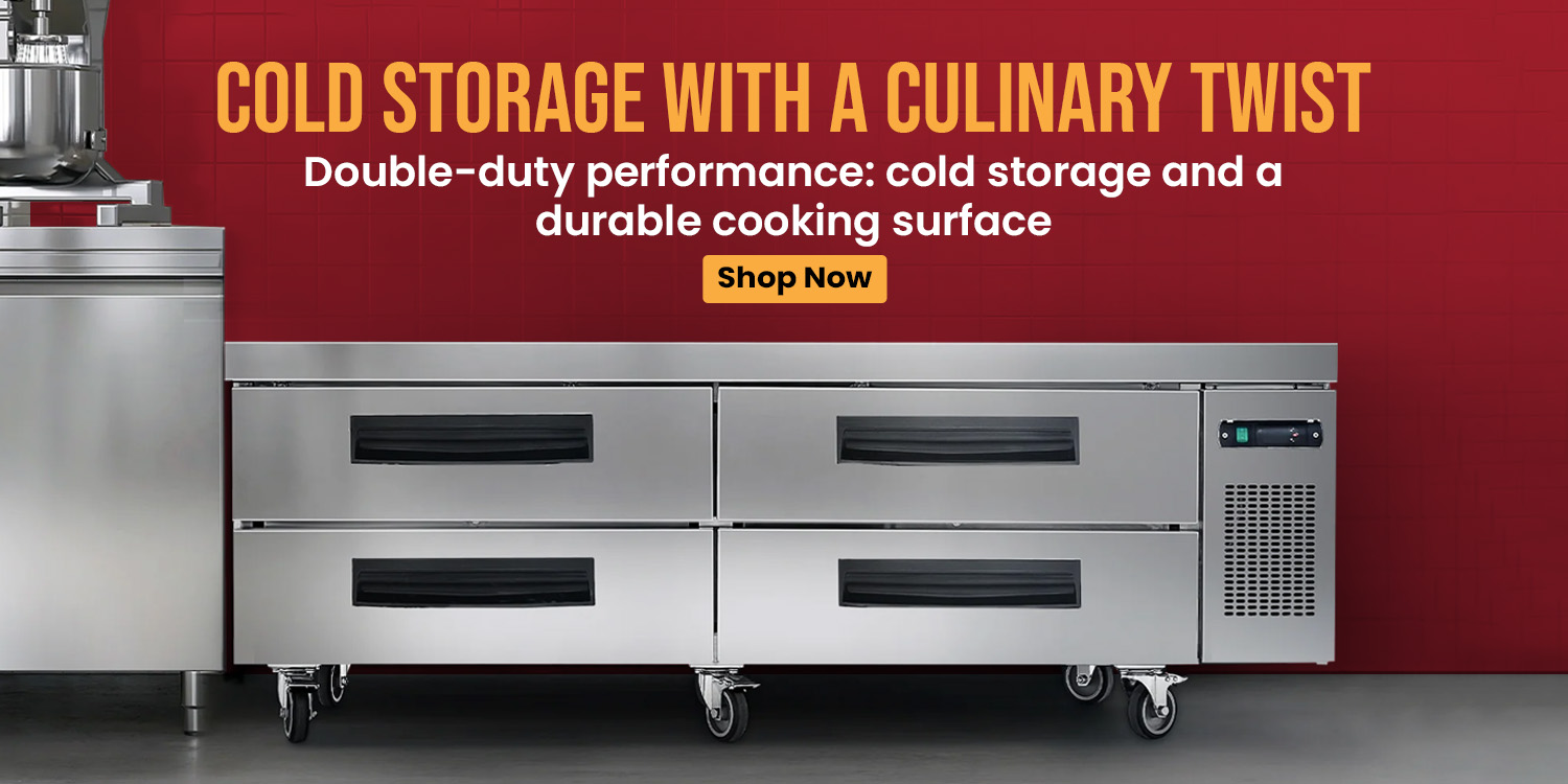 Durable stainless steel commercial chef base refrigerator with multiple drawers and a large countertop, ideal for cooling and prepping in busy kitchen